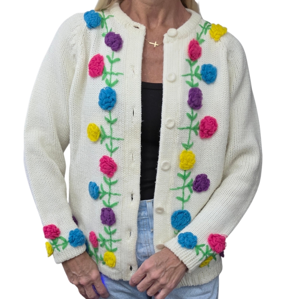 Vintage 80s Floral Knit Cardigan M Helen Sue Cream Embroidered Sweater